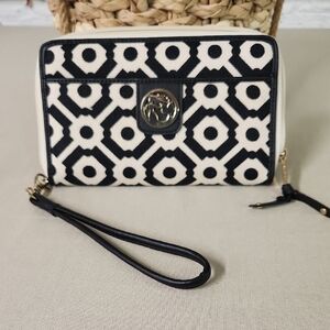 Spartina 449 Daufuskie IslandWhite & Black Linen GenuineLeather Wallet CLUTCH